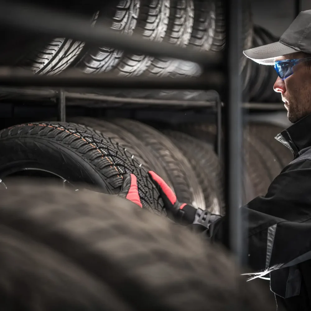 Choosing Right Car Tires For the Season. Vulcanization and Tire Sales Shop Caucasian Worker in His 30s. Automotive Theme.