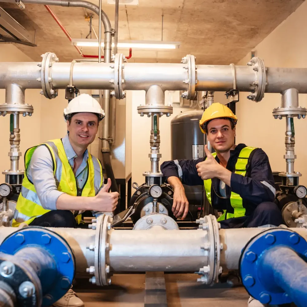Portrait of Engineers inspecting the inside plumbing and water valves of an industrial facility.